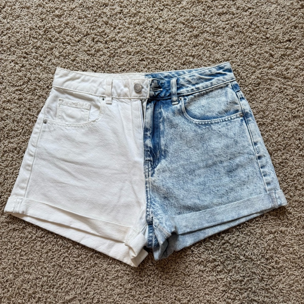 PacSun High Rise Two-Tone Shorts Size 27 Blue White Colorblock Denim Festival